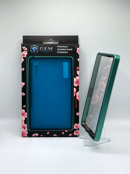 Light Green Gem Protectors case angled on a clear stand to show the frame's side profile, next to its retail box