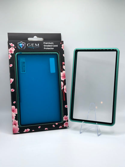 Front view of the empty Light Green Gem Protectors case showing the frame and clear panel, beside its retail box