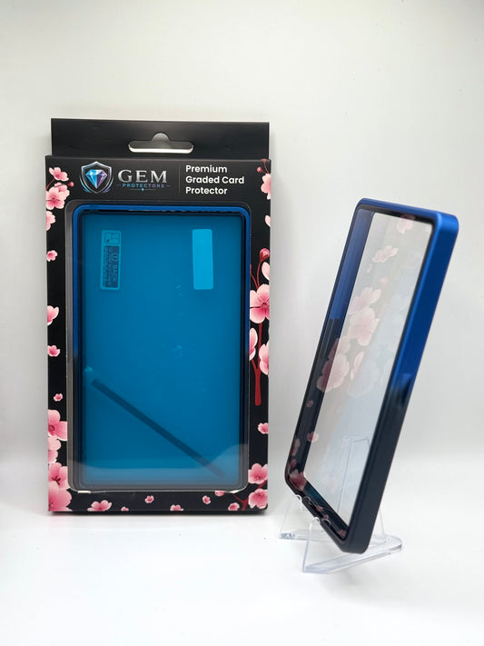 Black & Blue Gem Protectors case angled on a clear stand to show the frame's side profile, next to its retail box