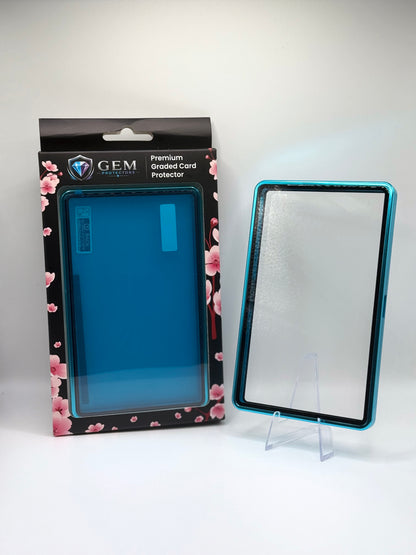 Front view of the empty Teal Gem Protectors case showing the frame and clear panel, beside its retail box