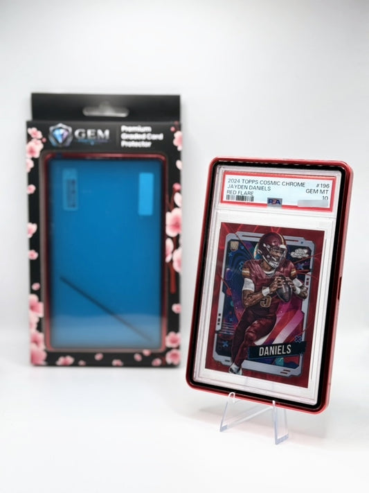 Red Gem Protectors case holding a PSA-graded Jayden Daniels football card, shown beside its retail box